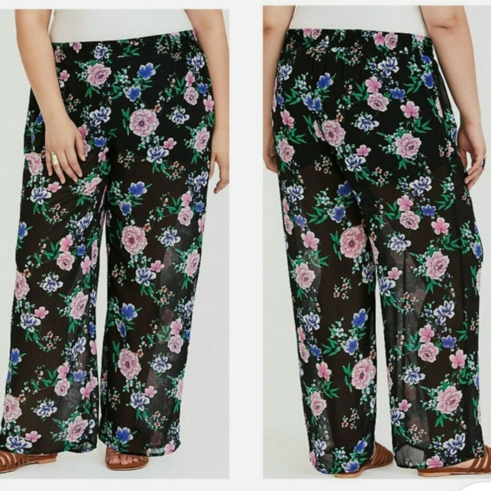 Torrid Black Floral Wide Leg Pants M/L Elastic Waist Pull-On